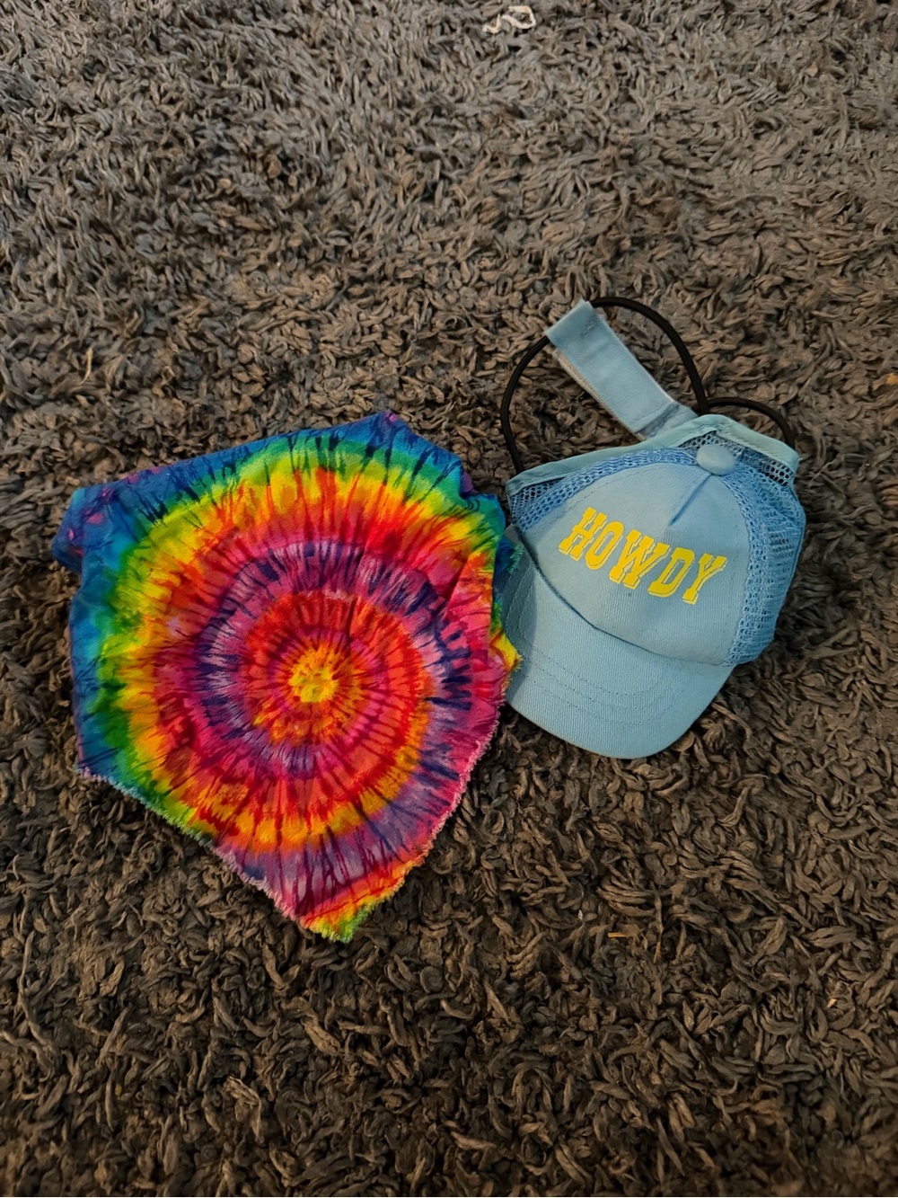 Light Blue "Howdy" Mesh Pet Cap with Rainbow Tie-Dye Bandana